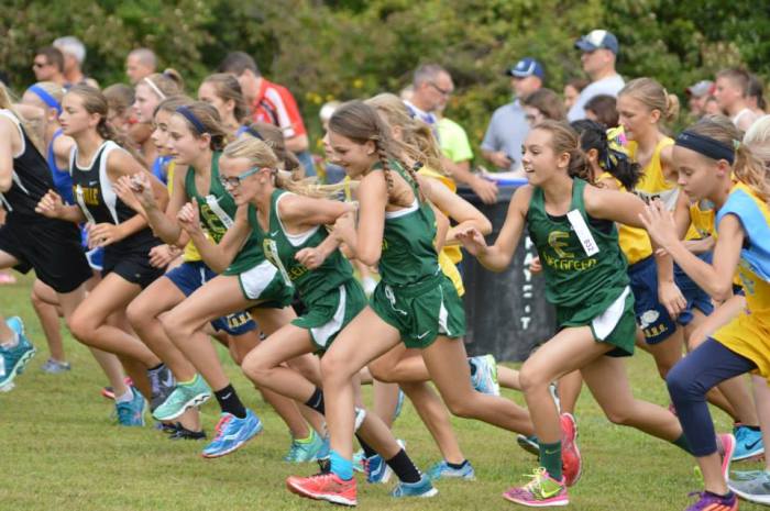 Savannah, Kennedy, Millie and Maddy surge during the start of the Middle School girls' race